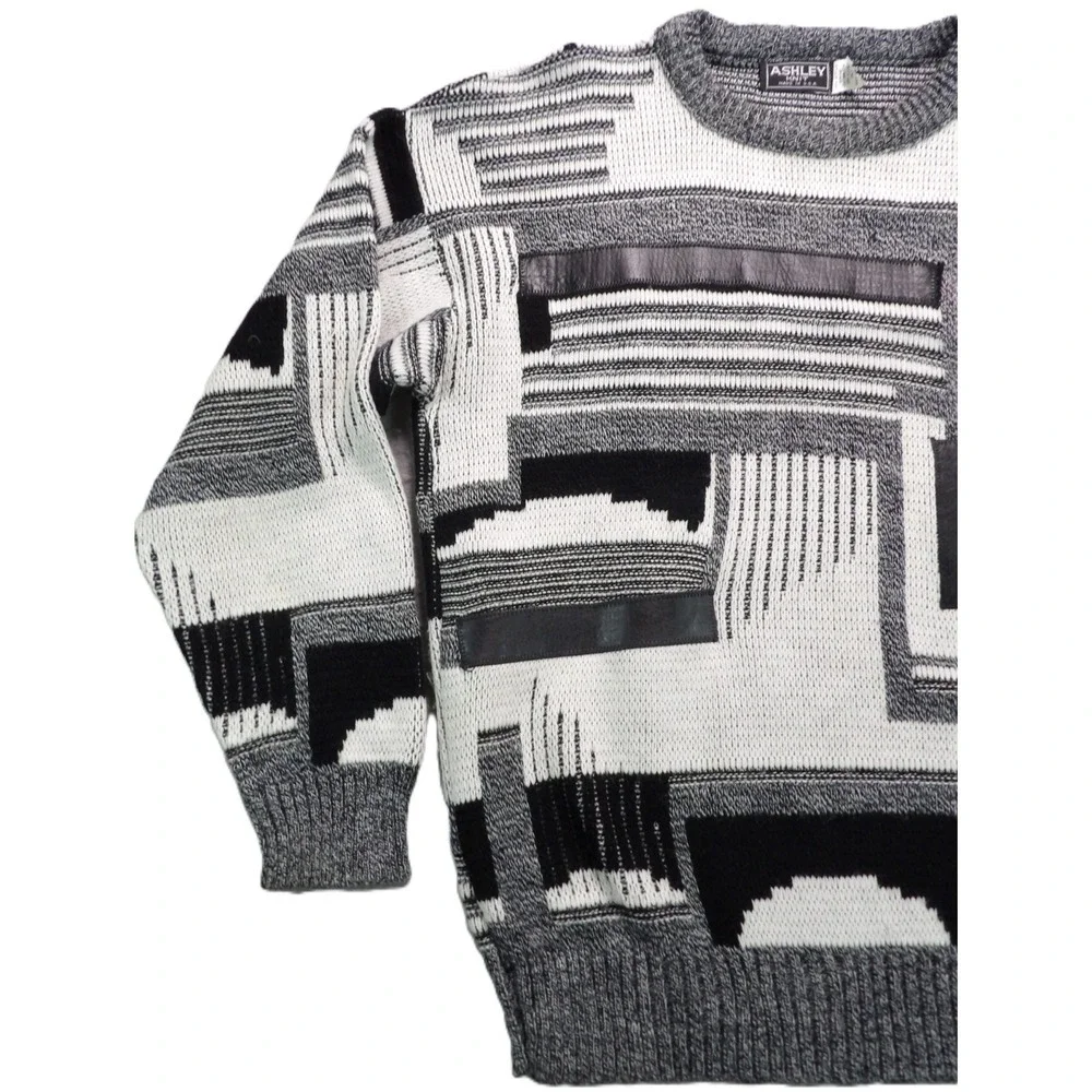 VTG Ashley Knit Sweater Men L Gray Black Abstract Geometric Leather Trim USA 90s